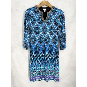 Chico's Size 0 Blue Ikat Embellished V-Neck Sheath Dress Size Small 3/4 Sleeve